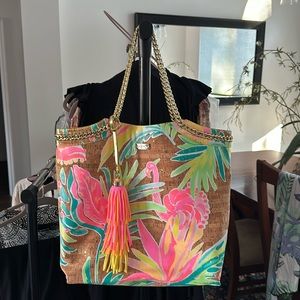 Lilly Pulitzer cork Reversible Seaside Tote with double chain handle.